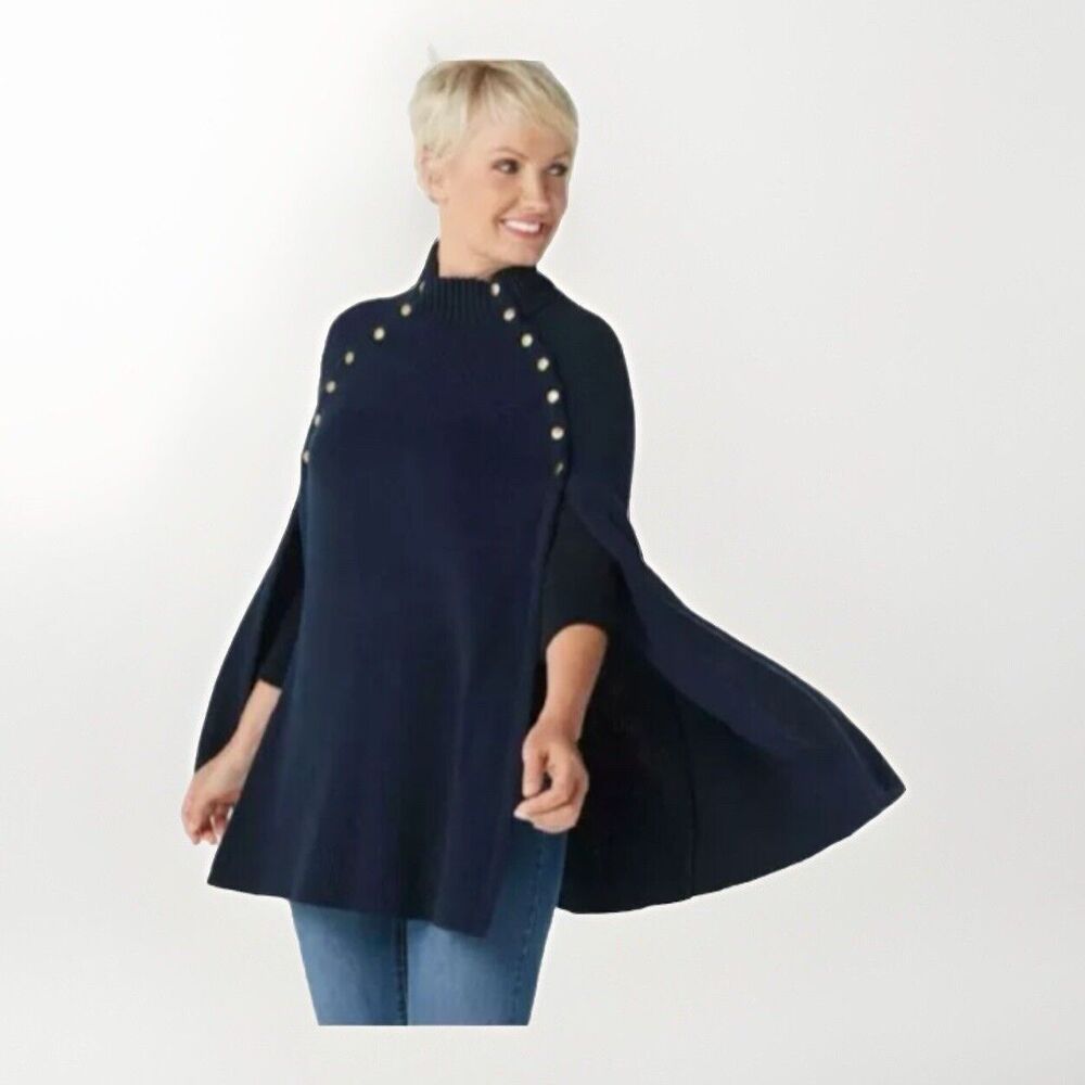 G.I.L.I Black Knit Cape Sweater Woman’s Size XL Button Snap Detail Long Tunic